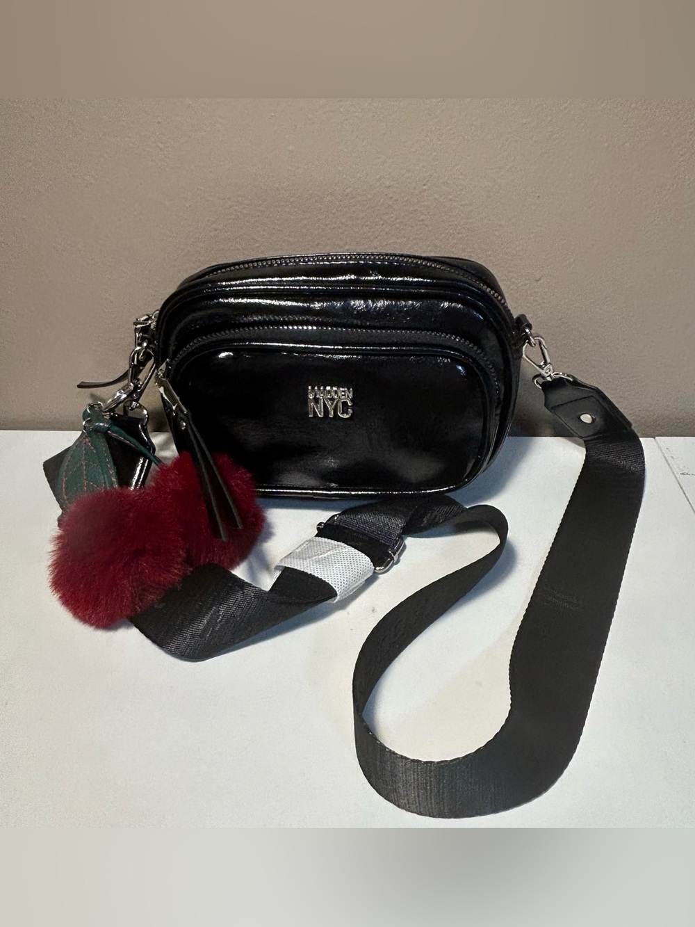 Madden NYC Crossbody Camera Bag Belt Bag Faux Patent Leather Cherry Charm